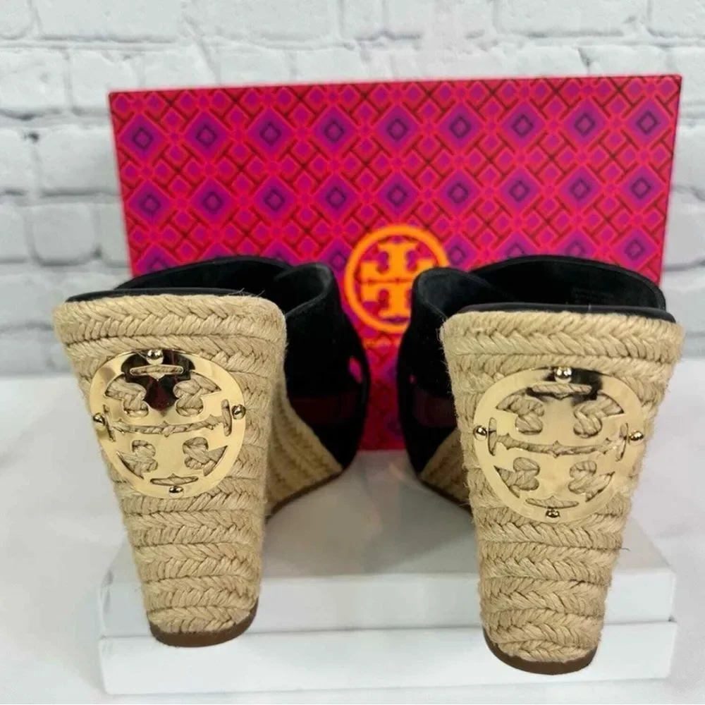 Tory Burch Black and Tan Espadrille Wedges